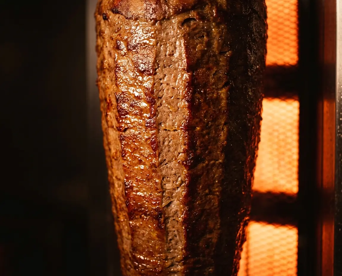 A vertical doner kebab roasting beside glowing grill elements